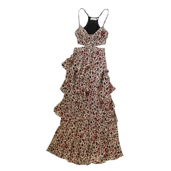 A.L.C. Silk Titus Maxi Dress Tiered Ruffles Floral  Red Black Cream - 6 - Picture 2 of 8